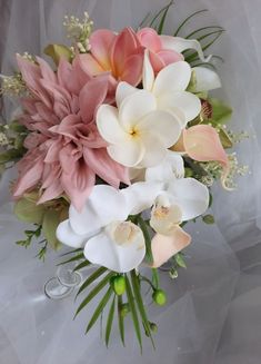 Light Pink Tropical Wedding, Tropical Floral Wedding Bouquets, Orchid Wildflower Bouquet, Tropical Flowers For Wedding, Plumeria Wedding Decorations, Beach Flower Bouquet, Bridal Bouquet Beach Wedding, Island Wedding Flowers, Hibiscus Bouquet Wedding