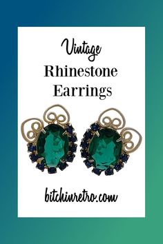 Classic color combination of emerald green and navy blue. The depth and facets on these ginormous rhinestone earrings give them an enchanting quality. Holiday worthy pizzazz.

Available for Sale at BitchinRetro.com Mint Tone, Juliana Jewelry, Filigree Jewelry, Subtle Textures