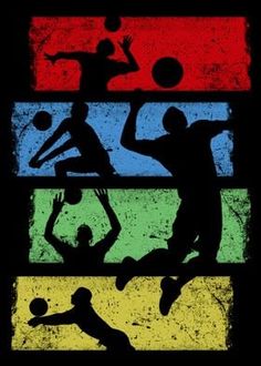 the silhouettes of basketball players are painted in different colors and sizes, including red, green, blue, yellow