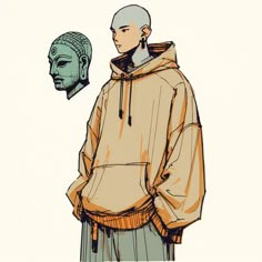 a drawing of a man with an ancient mask on his head and hoodie over his shoulders