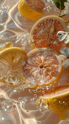 some oranges and lemons are in the water with bubbles on it's surface