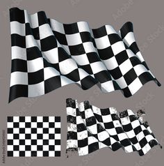 black and white checkered flag waving in the wind with grungy effect on gray background