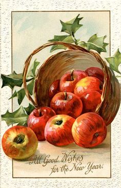 an old fashioned christmas card with apples in a basket and holly on the vine, all good wishes for the new year