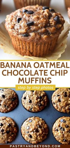 Collage for banana oatmeal chocolate chip muffins with text overlay. Oatmeal Banana Chocolate Chip Muffins, Moist Banana Bread Muffins, Oat Flour Banana Muffins, Chocolate Breakfast Muffins, Banana Oatmeal Chocolate Chip Muffins, Banana Chip Muffins, Cooking Staples, Banana Chocolate Chip Muffins Healthy