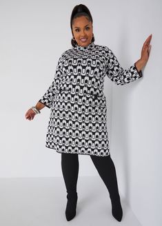 Contrasting colors complement each other as they swirl through the intarsia-knit pattern of this retro-inspired sweater dress. The mock neck provides a nod to mod with the patch pockets adding function & form to the shift dress shape. Swirl Sweater, Plus Size Shift Dress, Plus Size Fashion Dresses, Fall And Winter Fashion, Plus Size Chic, Plus Size Trendy, Knit Shift Dress, The Shift, Color Complement