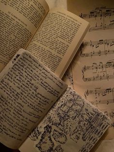 an open book sitting on top of sheet music