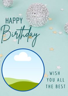 a happy birthday card with stars and sparkles on the bottom, in front of a blue background