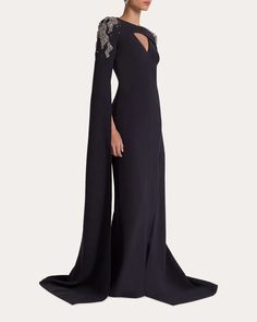 Safiyaa Sarita Embellished Cape Gown | OLIVELA Cutout Neckline, Cape Gown, Cape Sleeves, Cape Dress, Stretch Crepe, Crystal Embellishment, Bodice, Cape, Embellishments