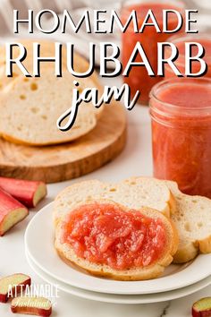 pinkish jam on white bread with jam in jars in background Peach Rhubarb Jam, Rhubarb Jam With Jello, Rhubarb Jam No Pectin, Rhubarb Vanilla Jam, Strawberry Rhubarb Jam With Pectin, Rhubarb Jelly Or Jam, Rhubarb Uses, Rhubarb Jam Recipes, Strawberry Compote