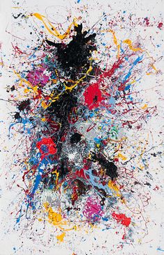 an abstract painting with lots of paint splattered on it's sides and black, white, red, blue, yellow, and orange colors