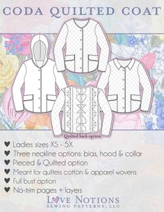 the hoodie jacket sewing pattern is shown in three different colors and sizes, including white