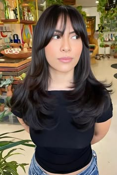 Round Face Haircuts Wispy Bangs, Wispy Bangs With Soft Layers, Fringe Hairstyles Layers, Black Hair With Wispy Bangs And Layers, Choppy Side Bangs With Long Hair, Asian Hair Curtain Bangs Layers, Black Turtle Neck Sweater Outfit Women, Wispy Front Layers, Medium Hair With Bangs And Layers Round Faces