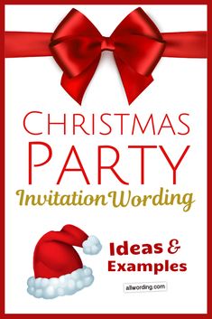 christmas party flyer with santa hat and red ribbon on white background, includes information about the event