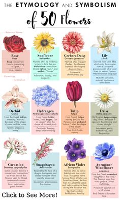 an image of flowers with the words, which are in different colors and font on it