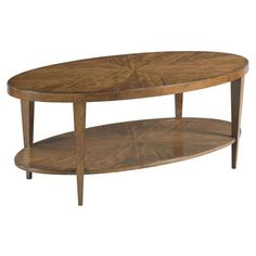 an oval wooden table with two shelves on each side and one shelf below the coffee table