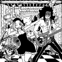 a black and white drawing of two people playing guitar in front of a room with other items