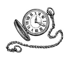 a drawing of a pocket watch with chain around it's neck and hands on the face