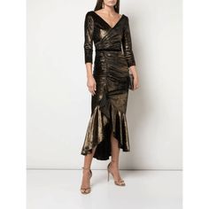 ad eBay - Find many great new & used options and get the best deals for Marchesa Notte Metallic Foiled Gold Black Velvet Ruched Midi Dress Womens 2 NWT at the best online prices at eBay! Free shipping for many products! Ruffle Evening Dress, Marchesa Notte Dress, Hi Low Gown, Marchesa Dress, Embroidered Cocktail Dress, Gown Skirt, Designer Evening Gowns, Ruched Midi Dress, Gold Velvet