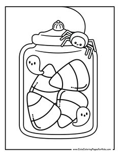 a jar filled with candy and halloween candies coloring page for kids to color in