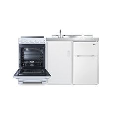 a white stove top oven sitting next to an oven with its doors open and the door ajar