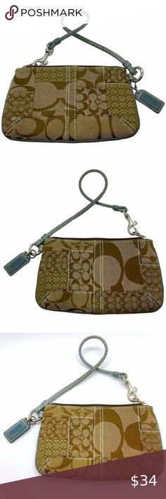 Like new Coach signature C patchwork wristlet! Patchwork Print, Blue Leather, Coach Handbags, A Couple, Leather Straps, Shop My, Like New, Handbags, Fashion Design