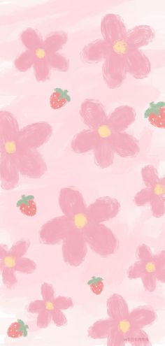 pink flowers and strawberries are painted on a light pink background with green leaves in the center