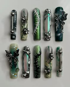 Goth Beach Nails, Silence Of The Lambs Nails, Dark Ethereal Nails, Goth Fairy Nails, Gothic Green Nails, Black Fairy Nails, Dark Fantasy Nails, Swamp Nails, Dark Mermaid Nails