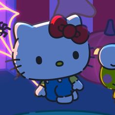 an animated hello kitty character standing next to another character in front of a purple background