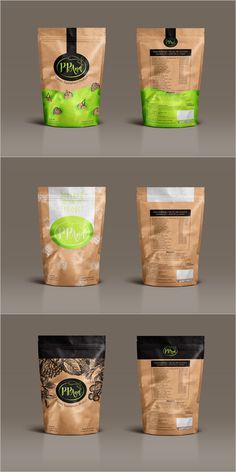 four different bags of food are shown in this graphic design process, each with their own logo