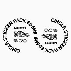 two circles that have different types of stickers on them, all in black and white