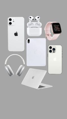 an assortment of apple products displayed on a gray background