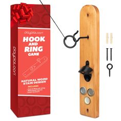 the hook and ring game is made from wood, with metal fittings on each side