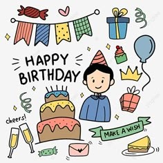 a birthday card with an image of a man holding a cake and presents on the table