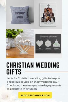 the wedding gift guide for christians is displayed on a table with flowers and other items