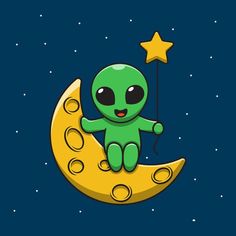 an alien is sitting on the moon with a star in his hand and holding a string