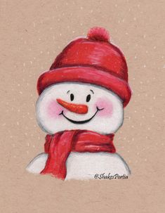 a drawing of a snowman wearing a red hat and scarf