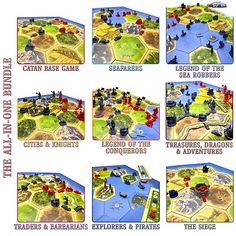 the game board for settlers and settlers is shown in several different positions, including an island