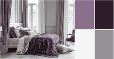 an image of a bedroom setting in shades of purple and grey with the bed made up