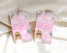 two tags with the words thank you and a photo of a blonde woman wearing sunglasses