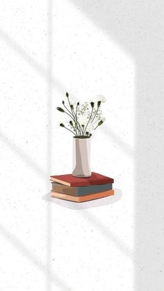 a vase filled with white flowers sitting on top of books