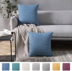 a living room scene with focus on the throw pillow and color options for the sofa