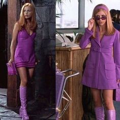 two pictures of a woman in purple dress and knee high boots