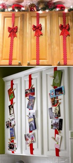 christmas decorations are hung on the kitchen cabinets and decorated with red ribbon, bows, and pictures