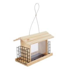 a wooden bird feeder hanging from a wire