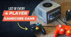 two video game controllers sitting on top of a carpet next to a box with the words, list of every 4 player gamecube game