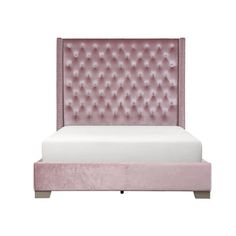 a bed with pink velvet upholstered headboard and foot board, on a white background