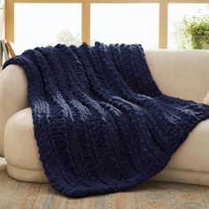 a couch with a blue blanket on top of it next to a window and potted plant