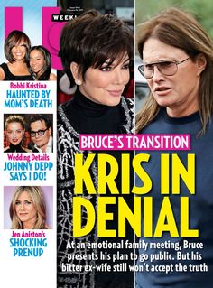 the cover of us weekly magazine, which features pictures of kris - in - denial