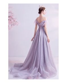 Buy Fantasy Dusty Purple Fairy Prom Dress Off Shoulder With Train at wholesale price online. Free shipping and pro custom service since 2009. Purple Fairy Prom Dress, Bling Prom Dress, Dusty Purple Dress, Bling Prom Dresses, Prom Dress Off Shoulder, Fairy Prom Dress, Vintage Evening Gowns, Purple Fairy, Purple Wedding Dress