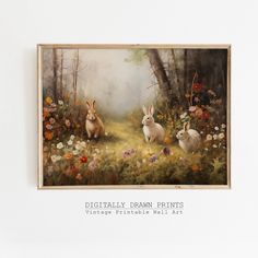 two rabbits sitting in the middle of a forest surrounded by wildflowers and trees